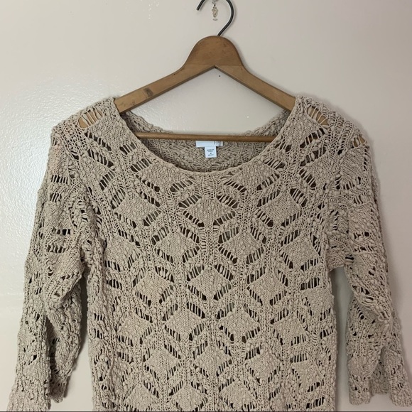 [J. Jill] Tan Open Knit 3/4 Sleeve Tunic Length Boho Sweater - Picture 2 of 10